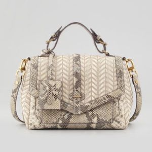 Tory Burch Rare 797 Medium Raffia Snake Print Satchel Bag Natural $575